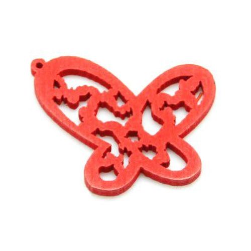 Openwork Wooden Pendant, Butterfly, Dyed, Red  27x25 mm, hole 1 mm - 10 pieces