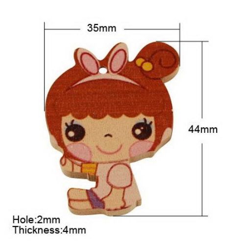 Painted wooden girl pendant 44x35x4 mm hole 1.5 mm - 10 pieces