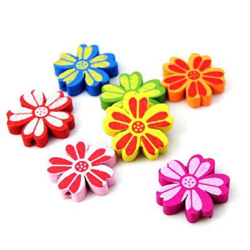 Natural Wooden Beads, Flower, Dyed, Assorted colors 21x4.5 mm, hole 2 mm - 10 pieces