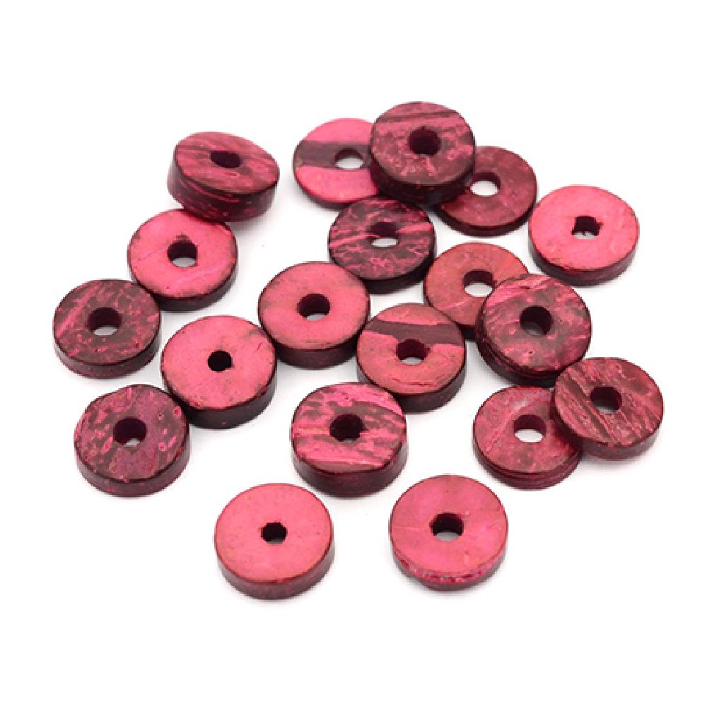 Round Coconut Washer Beads, 12x4 mm, Hole: 3 mm, Pink-red -20 grams ~ 60 pieces
