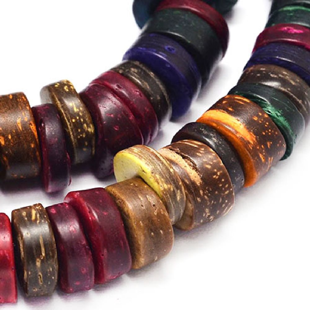 Natural Coconut Beads Strand, Rondelle, Dyed, Assorted colors 9x3 ~ 5mm, Hole 3mm ~ 110pcs