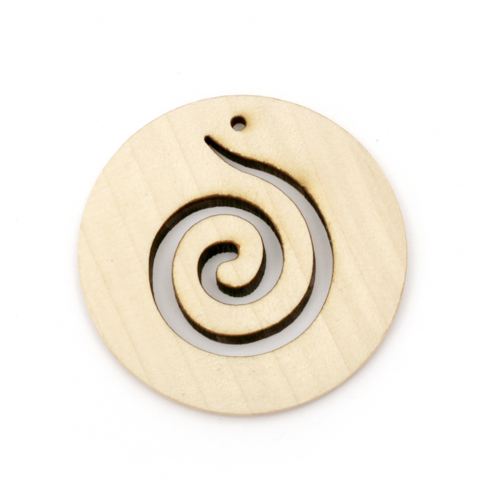Natural Wooden Round Pendant with Spiral, 50x6 mm, Hole: 2 mm -2 pieces