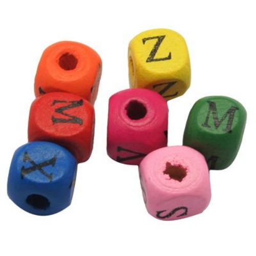 Wooden  Beads Cube with letters 8x8 mm hole 3 mm mix color -20 pieces