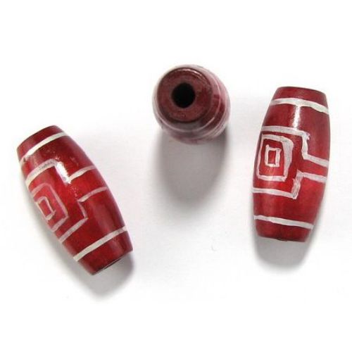 Painted wooden cylinder oval bead 40x19 mm hole 6 mm red - 6 pieces
