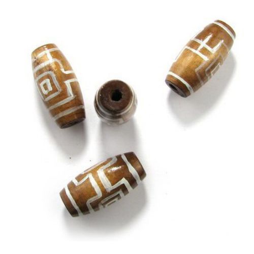 Painted wooden cylinder oval bead 40x19 mm hole 6 mm brown - 6 pieces