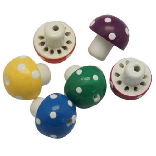 Natural Wooden Beads, Mushroom, Dyed, Assorted colors 18x20 mm, hole 3 mm - 2 pieces