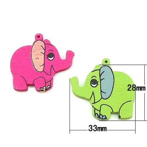 Wooden figure, Elephant 33x28x2.5 mm hole 1.5 mm colorful - 10 pieces