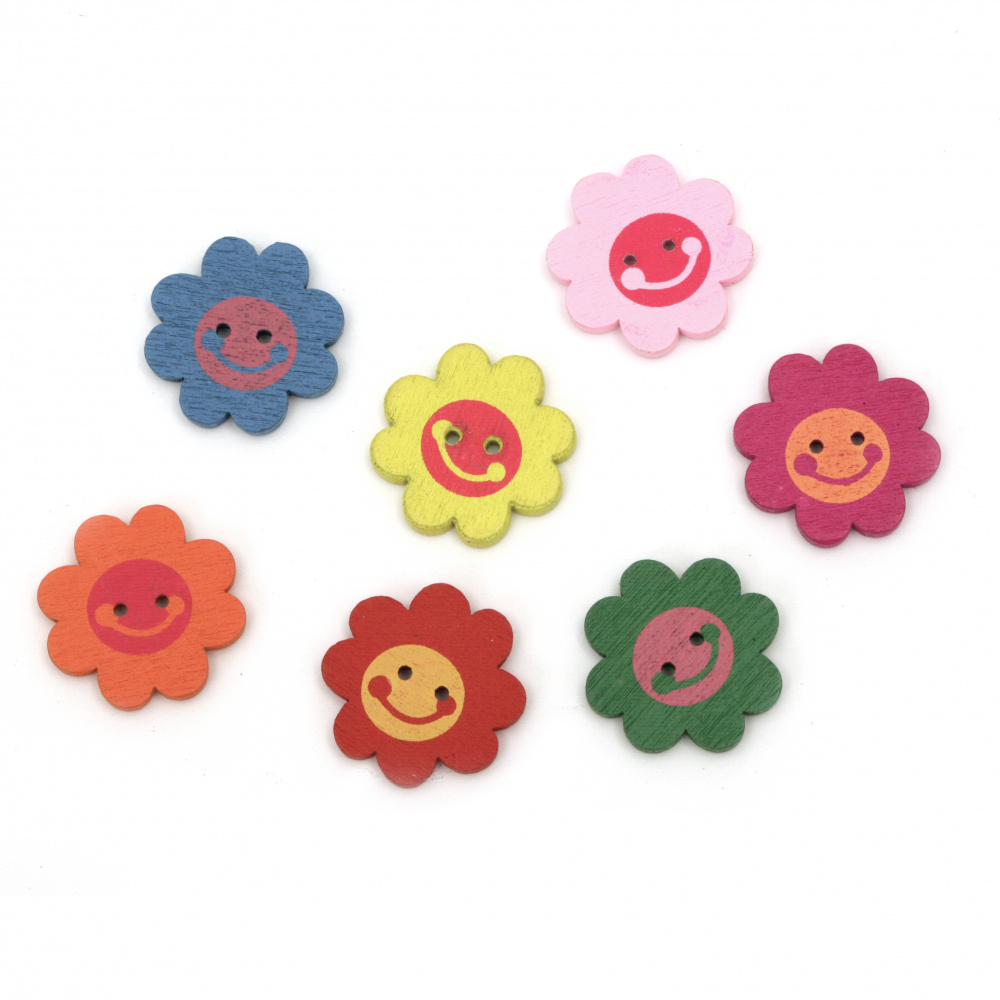 Natural Wooden Beads, Flower, Dyed, Assorted colors 22x5 mm, hole 2 mm - 10 pieces