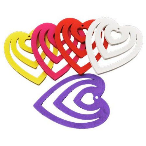 Colorful wooden pendant heart 41x49x2 mm hole 2 mm MIX - 10 pieces