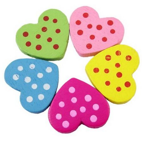 Wooden heart figurine 16x22x4 mm hole 2 mm Assorted colors  - 20 pieces