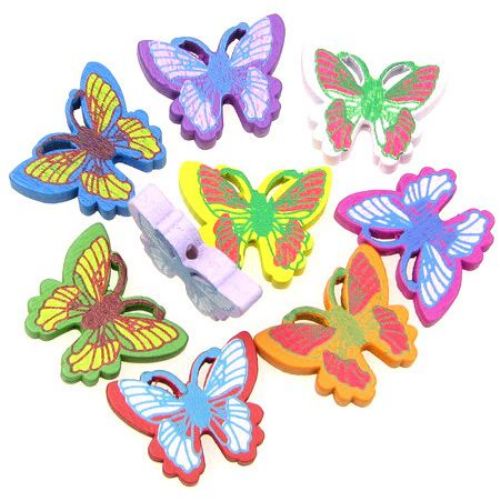 Painted wooden figurine butterfly 25x20x5 mm hole 2 mm  color - 20 pieces ~ 16 grams