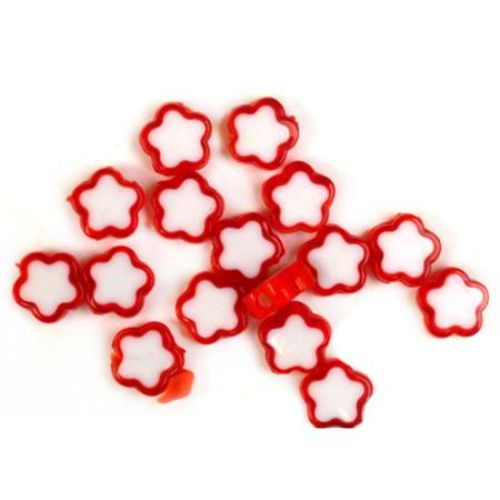Acrylic Two-colored Flower Beads, 10x4 mm, Hole: 2 mm, Red and White -20 grams ~ 76 pieces