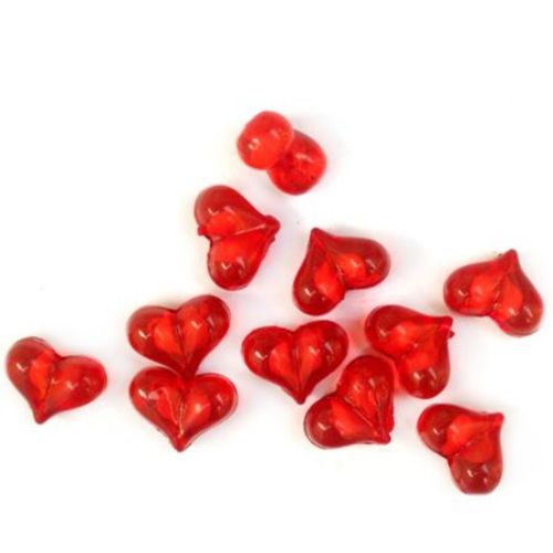 Transparent Acrylic Heart Bead with white base 16x12x9 mm hole 2 mm red - 50 grams ~ 55 pieces
