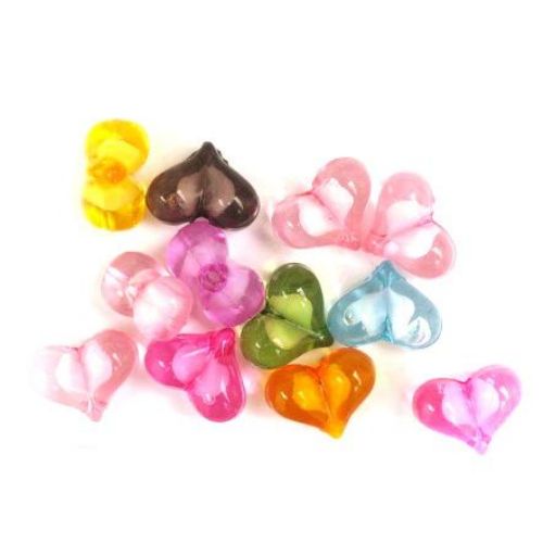 Transparent Acrylic Heart Bead with white base 15x13x8 mm MIX - 50 grams