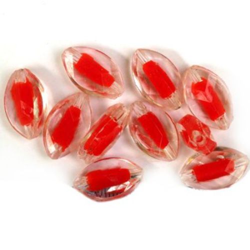 Bead with white base almond, multi-walled 19x12 mm with red - 50 grams