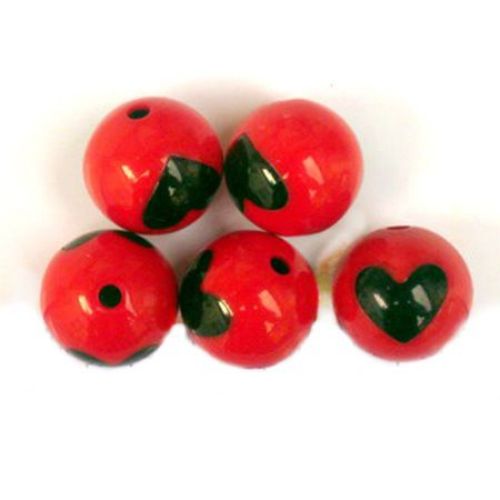 Two-colored Acrylic Ball Beads with Heart, 15 mm, Red and Black -31 grams