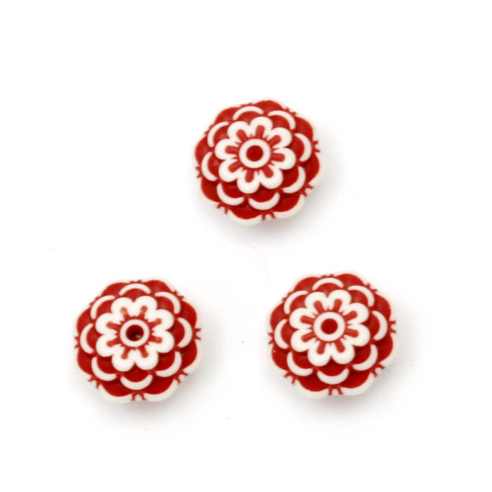 Two-color flower bead 14x7 mm hole 2 mm white and red - 50 grams ~ 75 pieces