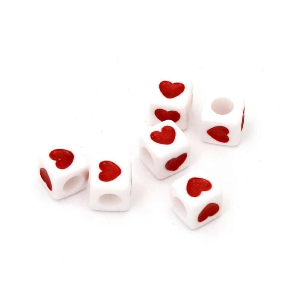 Two-color cube bead with heart 7x7x7 mm hole 3.5 mm white and red - 20 grams ~105 pieces