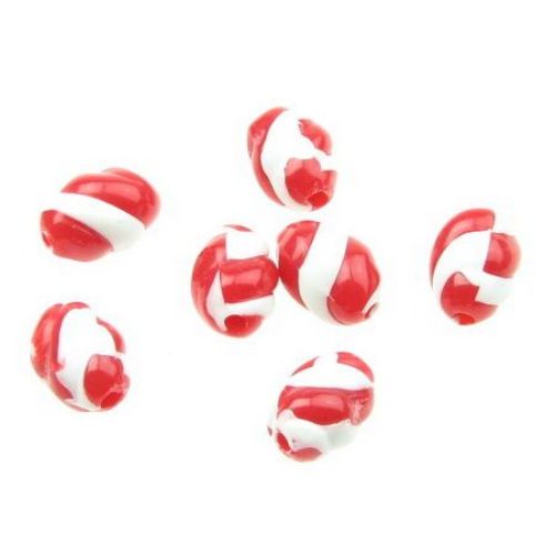 Two-color cylinder bead  oval 15x11 mm hole 2.4 mm white and red - 50 grams