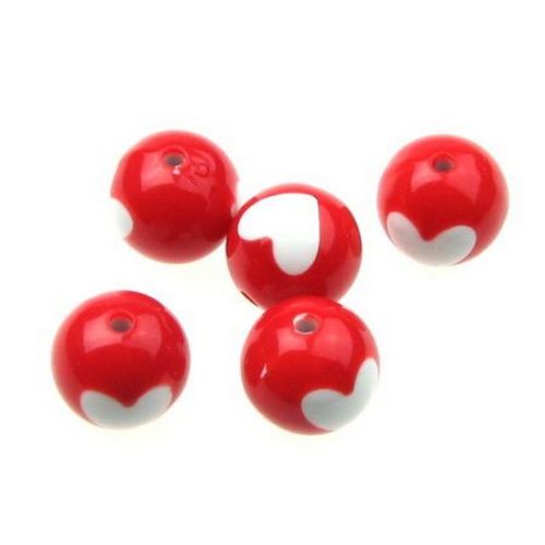 Two-color Bead  ball with a heart 16 mm hole 2.3 mm white and red - 50 grams