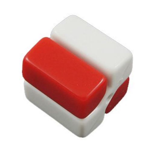 χάντρα κύβος 12x12x12 mm τρύπα 2 mm λευκό και κόκκινο - 10 σετ