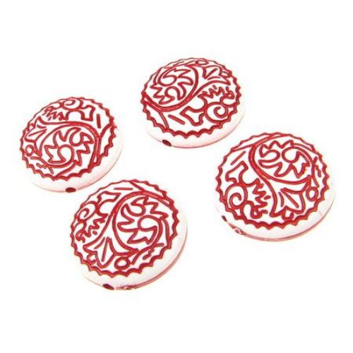 Coin Bead 25 mm white painted with red - 50 grams