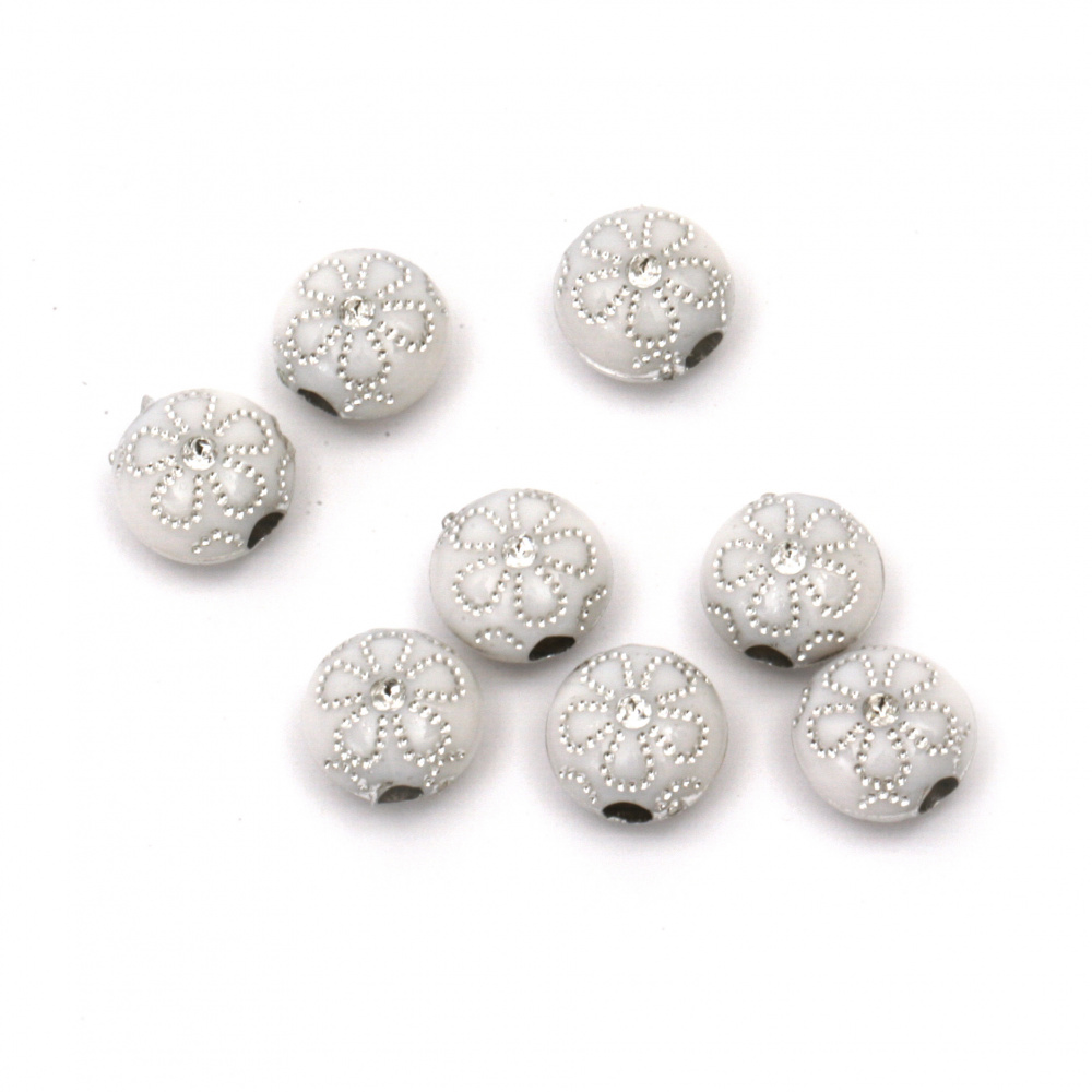 Acrylic Round Beads with Silver-lined Flower, 10x6 mm, Hole: 2 mm, White -50 grams ~ 141 pieces