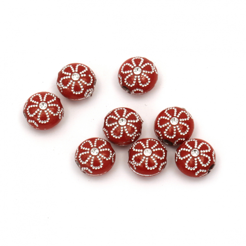 Acrylic Round Beads with Silver-lined Flower, 10x6 mm, Hole: 2 mm, Red -50 grams ~ 141 pieces