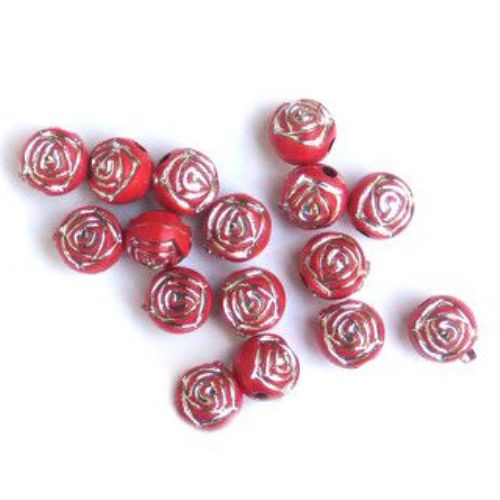 Silver-lined Plastic Round Rose Beads, 8 mm, Red - 50 grams