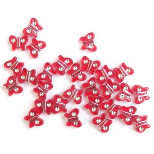 Acrylic Butterfly Beads with silver paint dots, imitating small crystals 11x9 mm red - 50 grams