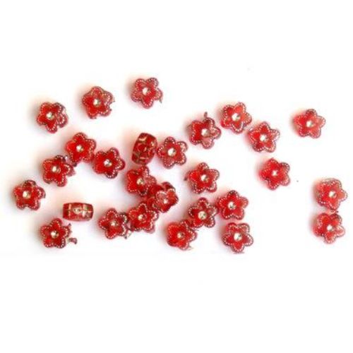 Plastic Flower Beads with Imitation of Tiny Crystals, Red, 7 mm -50 grams