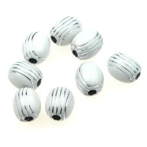 Opaque Acrylic Oval Beads with Silver Line, White 11x10 mm hole 2.5 mm white - 50 grams ~ 85 pieces