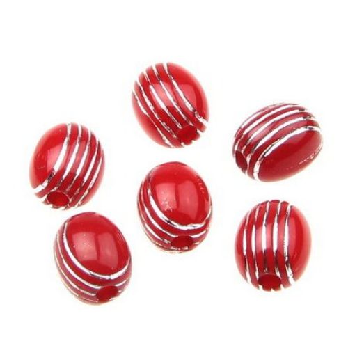 Silver-lined Oval Plastic Beads, 11x10 mm, Red -50 grams