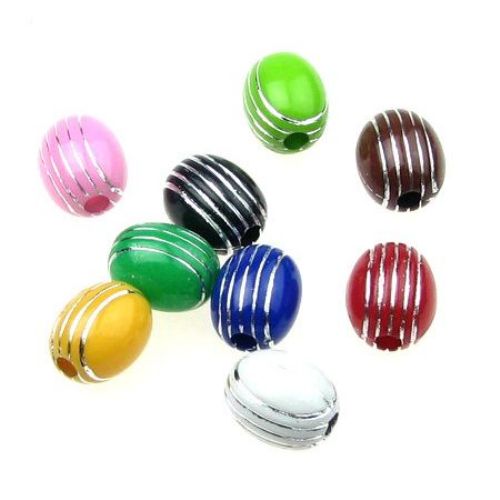 Opaque Acrylic Oval Beads with Silver Line, 11x10 mm hole 2.5 mm mix - 50 grams ~ 85 pieces