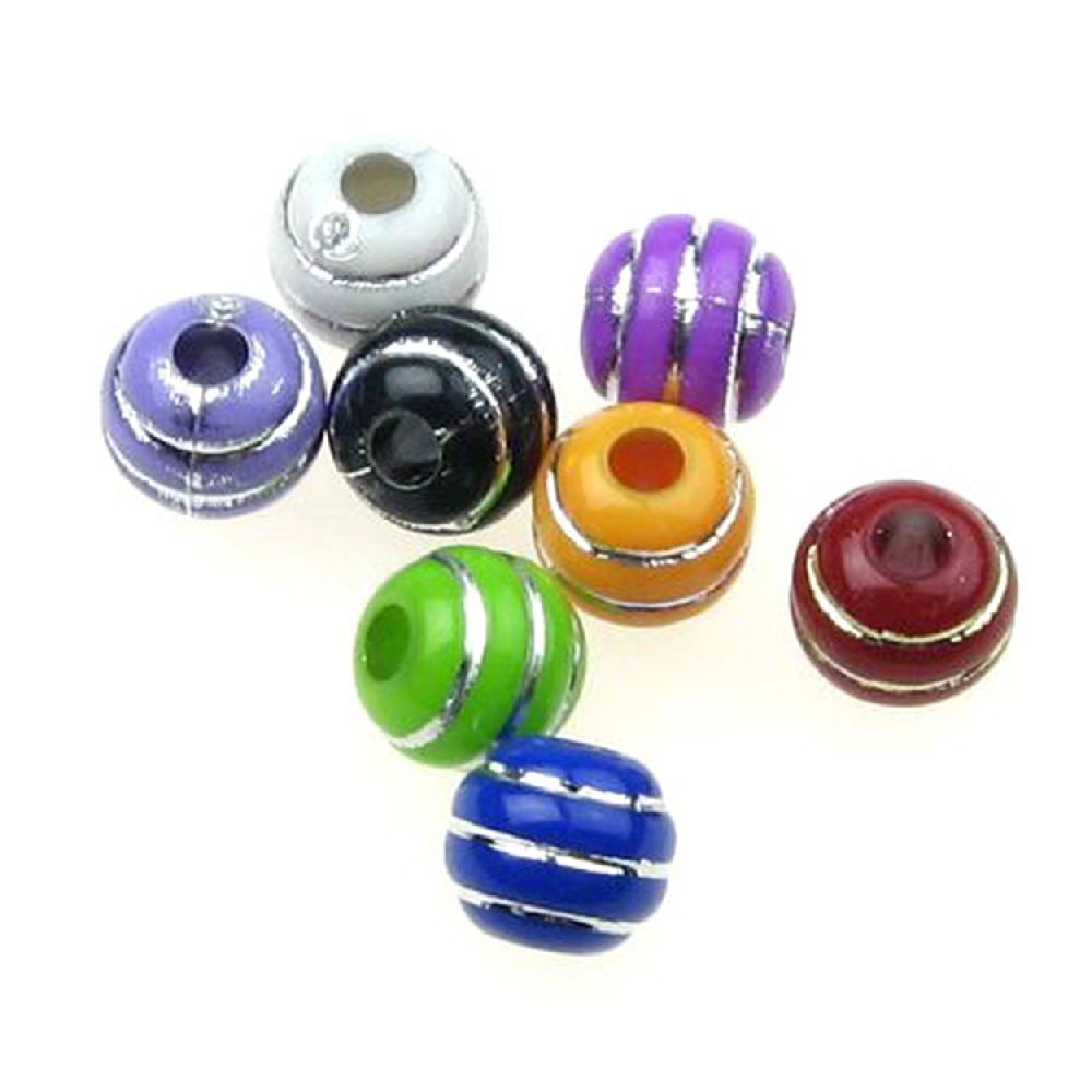 Opaque Acrylic Round Beads with Silver Line, 7 mm hole 2 mm mix - 50 grams ~ 240 pieces