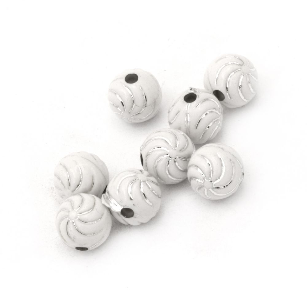 Opaque Acrylic Round Beads with Silver Line, White 10 mm, hole 2 mm - 50 grams ~ 85 pieces