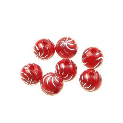 Opaque Acrylic Round Beads with Silver Line, 10 mm hole 2 mm red - 50 grams ~ 85 pieces