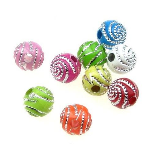 Opaque Acrylic Round Beads with Silver Line, Multicolor 8mm, hole 2mm - 50 grams ~ 180 pieces