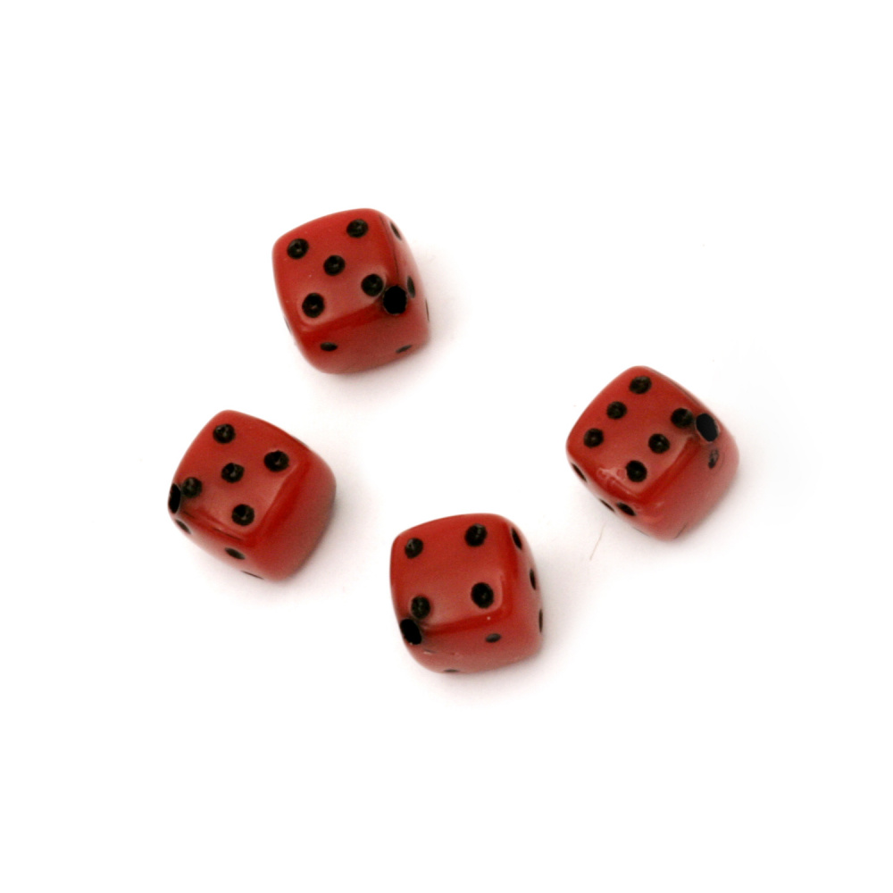 Dice Bead 8x8 mm hole 1 mm red with black - 50 grams ~ 102 pieces
