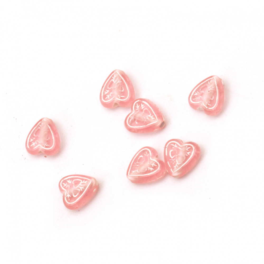 Heart Bead 8x8x4 mm hole 1 mm pink with white - 50 grams ~ 320 pieces