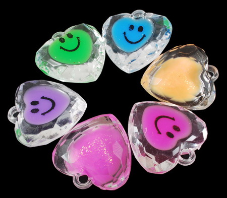 Plastic Painted Heart Pendant / Happy Face Heart, 33x32x13 mm, Hole: 4 mm, MIX-47 grams - 6 pieces