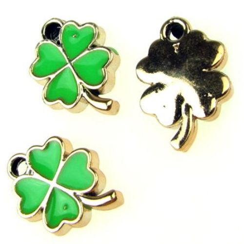 Painted CCB Four-leaf Clover Pendant,13x19x3 mm, Hole: 2.5 mm, Gold with Green Paint -5 pieces