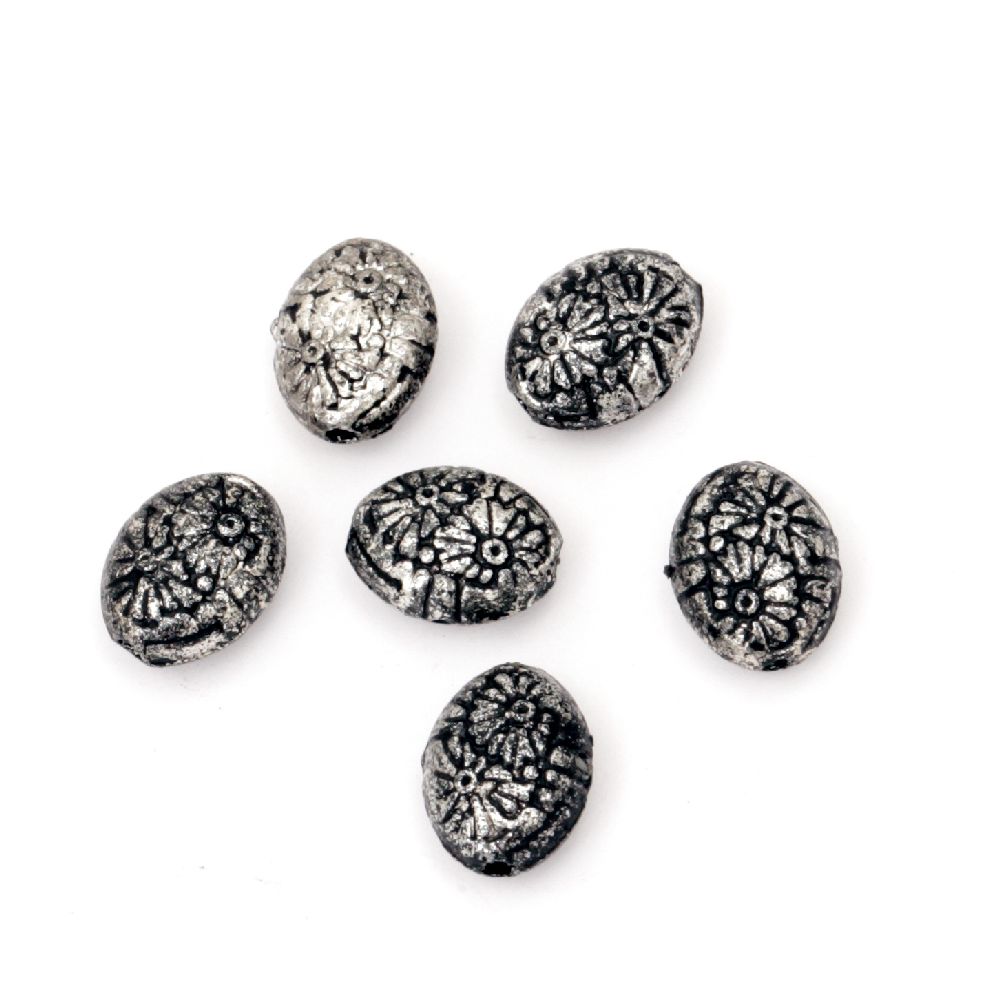 Metallized Plastic Oval Bead, Old Silver Imitation, 10x5 mm, Hole: 1 mm-50 grams ~ 190 pieces