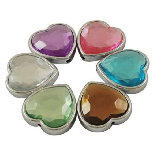 CCB Heart Bead with Plastic Crystal, 28x28x12 mm, Hole: 3 mm, MIX -4 pieces