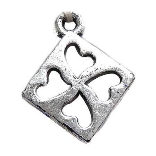 Plastic Metallized Pendant / Square with Hearts, 19x15x2 mm, Hole: 1 mm, Silver -20 g ~80 pieces