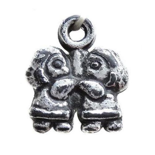 Plastic Metallized Pendant / Two Little Men, Old Silver Imitation, 16x15.5x4.5 mm, Hole: 2.5 mm -50 g ± 55 pieces