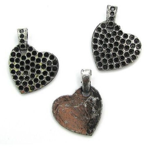 Plastic Heart Pendant with Metal Coating, Old Silver Imitation, 23x3 mm -20 grams -15 pieces