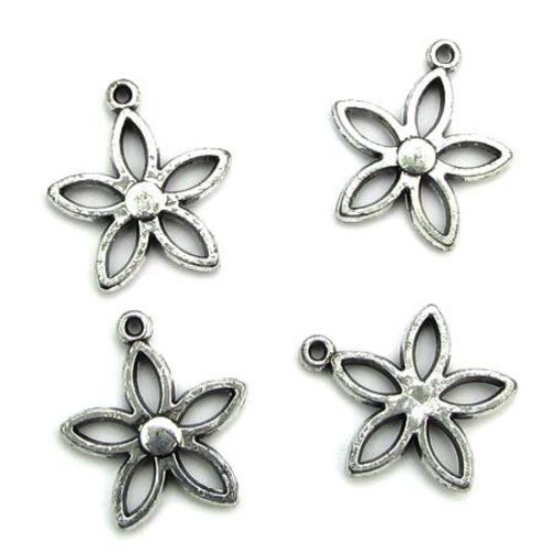 Plastic Metallized Flower Pendant, Old Silver Imitation, 26x23 mm, Hole: 1.5 mm -50 grams ~ 95 pieces