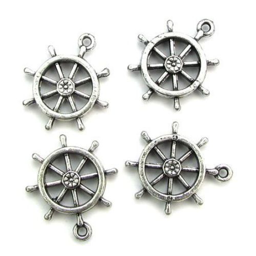Metallized Plastic Pendant / Ship Rudder, 30x25x5 mm, Hole: 2 mm, Old Silver -50 grams ~ 48 pieces