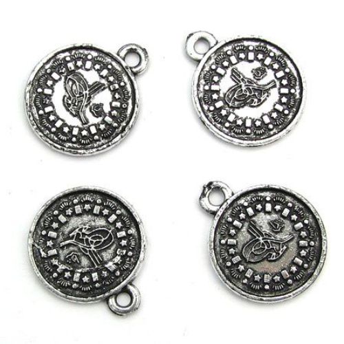 Plastic Metallized Coin Pendant, Old Silver, 21x25x2 mm, Hole: 3 mm -50 grams